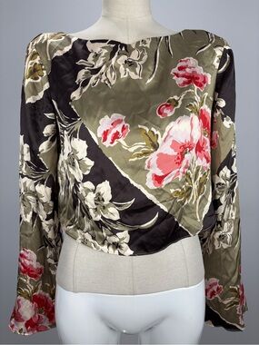 Reformation Anaya Silk Crop Blouse Olive Floral Patchwork Long Sleeve 2